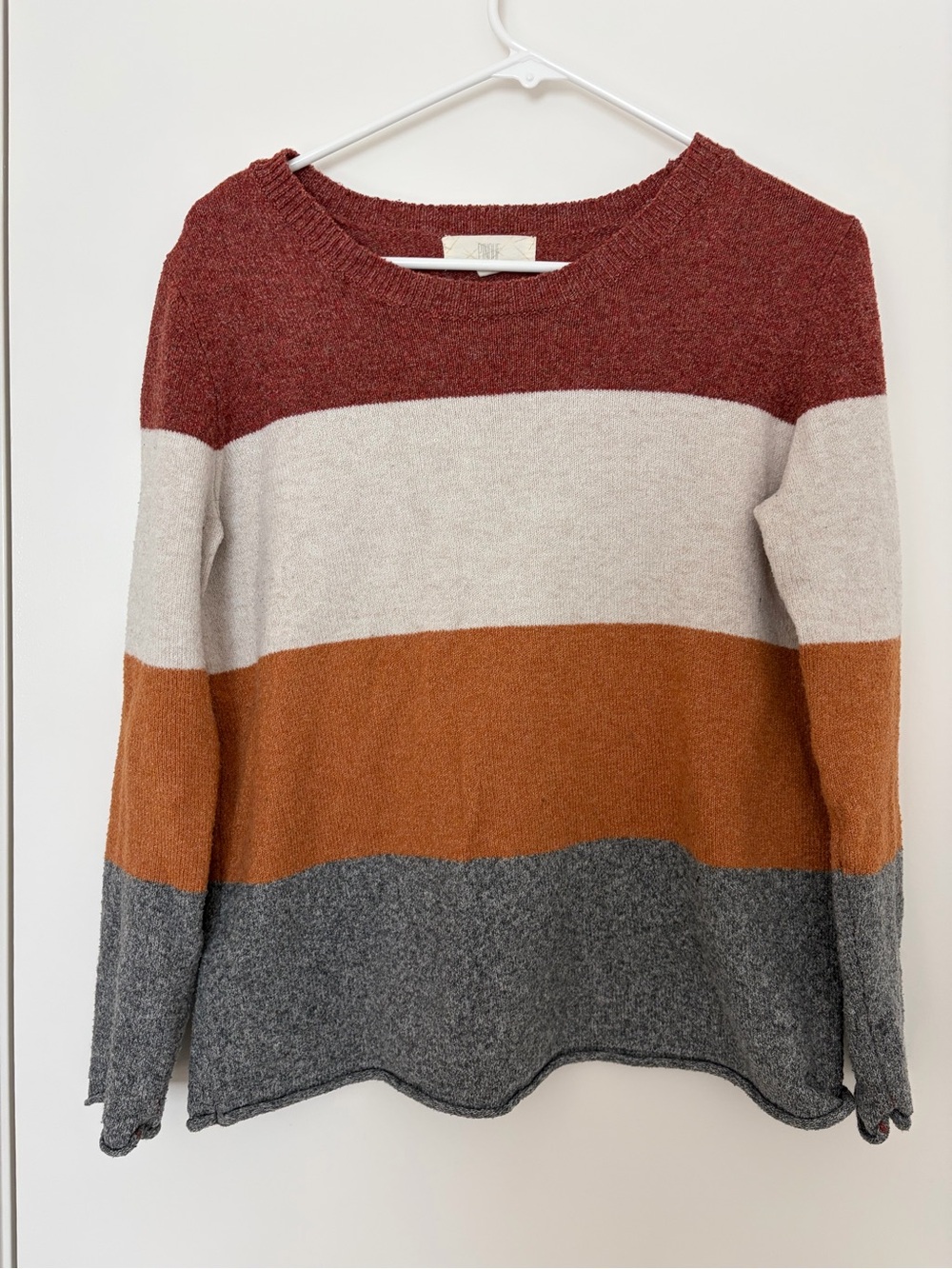 Striped Crewneck Sweater in Burgundy, Cream, Rust & Gray